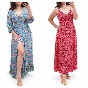 Blue Floral Wrap Maxi Dress / Red Spaghetti-Strap Maxi Dress
